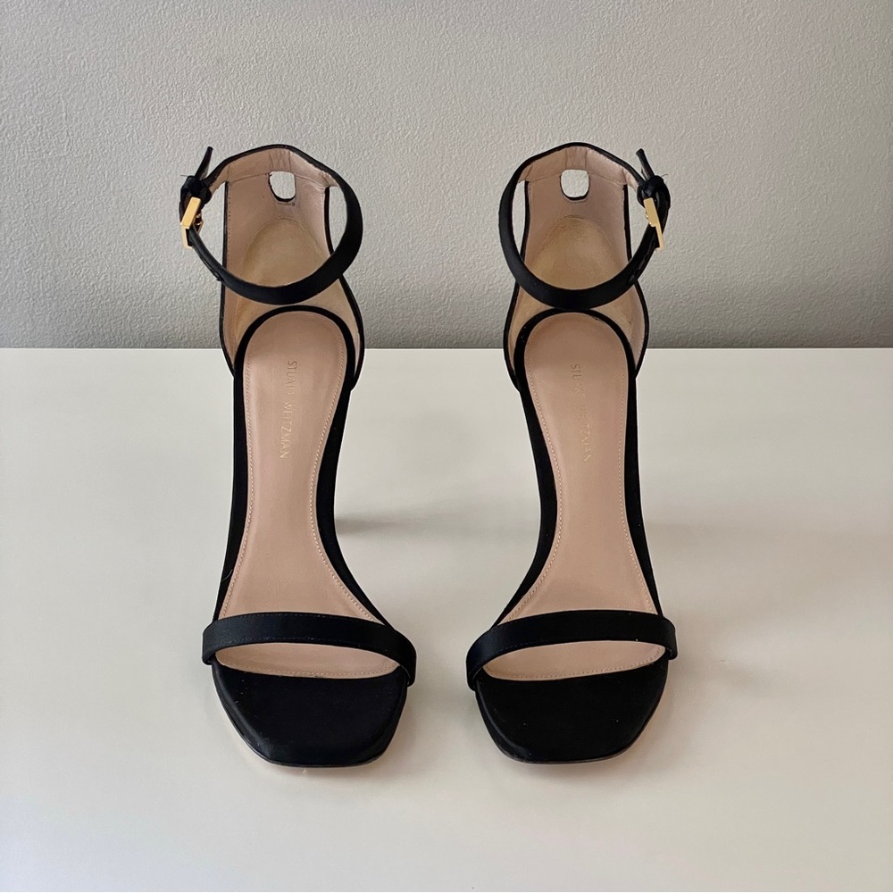 STUART WEITZMAN Black Silk Satin Square Nudist Heel Sandal - Picture 3 of 8